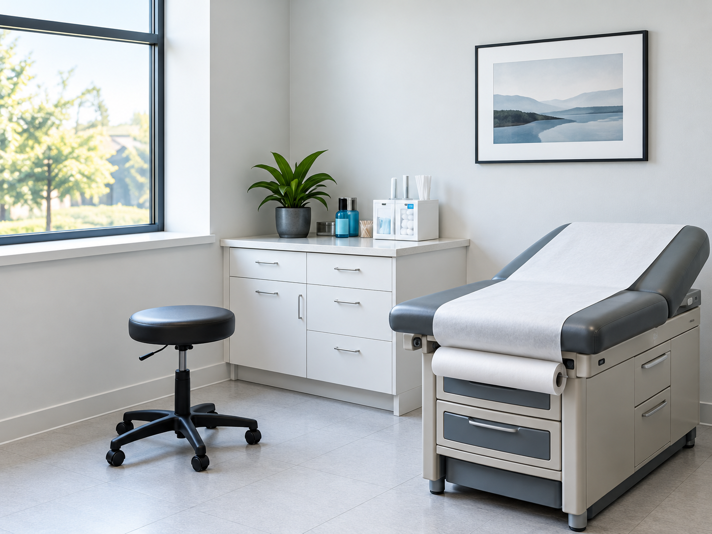 A bright clinical examination room with an exam chair